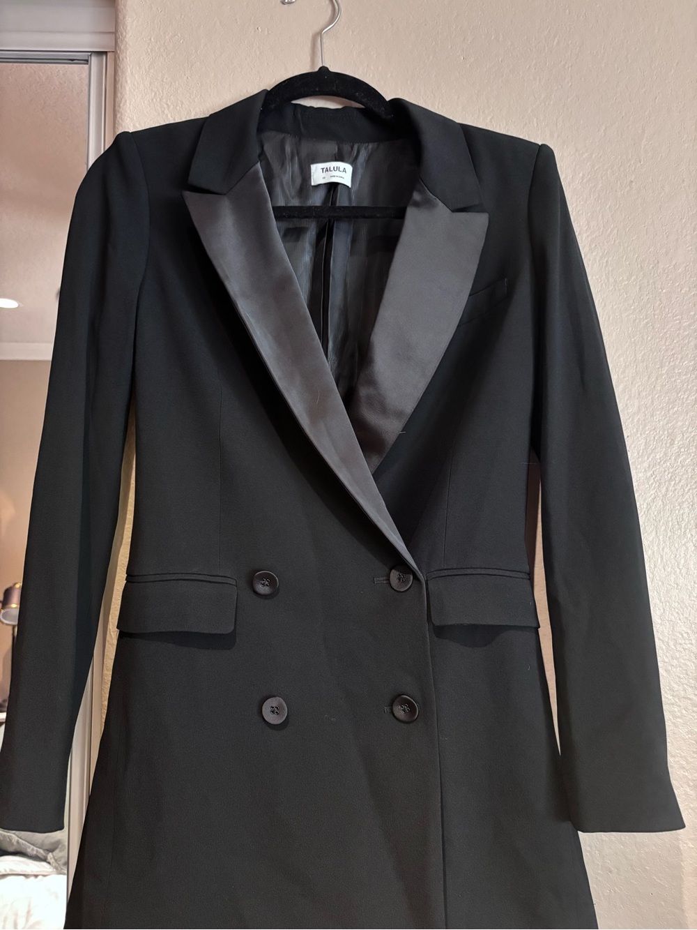 Talula Black Satin-Lapel Double-Breasted Mini Blazer Dress